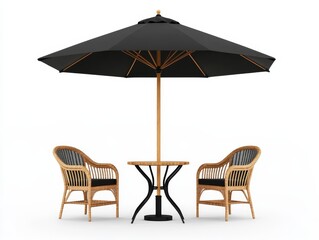 Garden Umbrella with Stylish Black Canopy and Chic Rattan Chairs on White Background