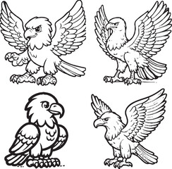 Naklejka premium Charming Cartoon Eagle Silhouettes - Black and White Avian Illustrations