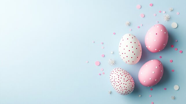 Sparkling confetti, pink and white Easter eggs adorned with festive decorations against a light blue background, perfect for holiday greeting cards, spring themes, and isolated product displays.