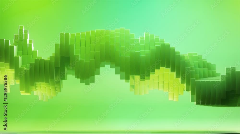 Poster vibrant green waveform developing through rectangular blocks, dynamically morphing across digital ba
