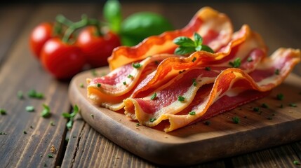 Delicious crispy cured pork belly strips seasoned with fresh herbs, resting on a rustic wooden board, accompanied by ripe red tomatoes and vibrant green garnish.