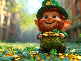 Cheerful Leprechaun with Pot of Gold and Coins on Sunlit Street