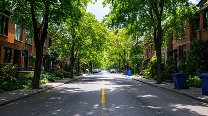 Fototapeta premium Serene Urban Street Scene with Lush Green Trees and Calm Atmosphere