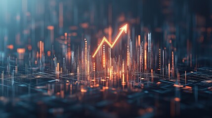 A cityscape with a bright orange arrow pointing upwards