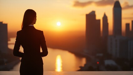 Fototapeta premium An image of business confidence and hope. A silhouette of a woman in a suit with her hands on her hips, gazing at the buildings in the city center.