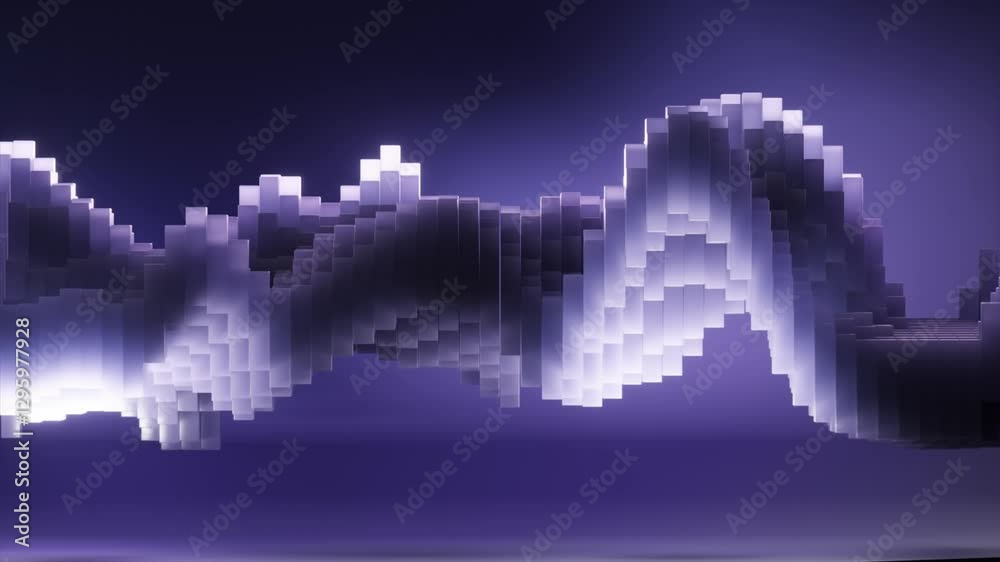Poster purple waveform, composed of small cubes, smoothly changes shape on a solid background, illuminated 