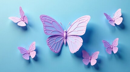 Fototapeta premium Pastel Purple Butterflies on a Light Blue Background A Serene and Elegant Display of Delicate Wings