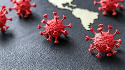 Red Virus Models on Black Surface with Map of Central America Background
