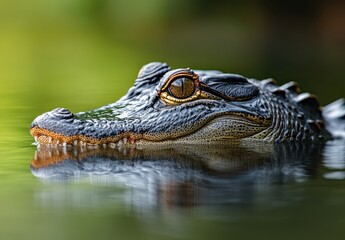 Fototapeta premium Close-up View of a Majestic Alligator Floating Calmly in a Serene Water Environment Surrounded by Lush Greenery Under Soft Natural Light