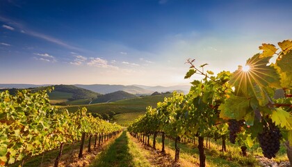 Naklejka premium A close-up of a vineyard with rows of grapevines, showcasing ripe grapes hanging from the vine, highlighting the rich colors and textures.