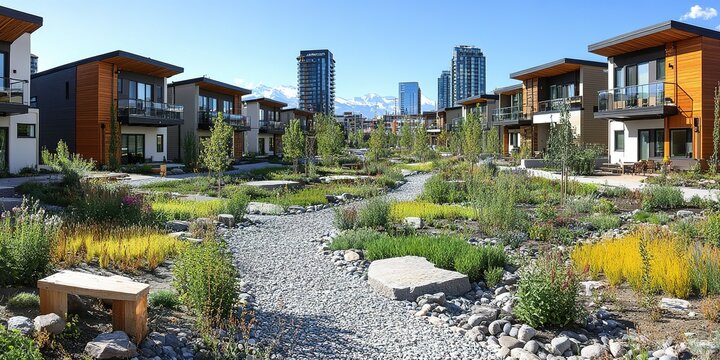 Modern residential complex with landscaped gardens and pathways in an urban setting