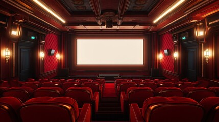 Obraz premium Red cinema or theater interior with elegant seating and dramatic lighting, creating a classic and immersive entertainment atmosphere.