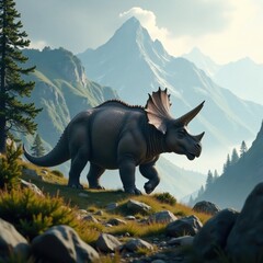 Fototapeta premium Humongous Triceratops in misty mountain range, dinosaur, mountain, mist