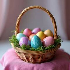 Easter Basket Display: Vibrant Speckled Eggs on Pink Cloth amidst Green Grass. A basket filled with colored eggs sitting on a pink cloth.