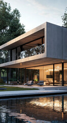 Obraz premium The image depicts a modern, minimalist architectural design featuring extensive use of glass and concrete. The setting includes a large outdoor area with a pool and lounge chairs, surrounded by lush 