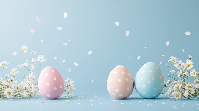 Easter eggs decorated with polka dots and white flowers, placed on a peaceful blue background with colorful confetti floating in the air, perfect for Easter themed greetings, minimalist design.