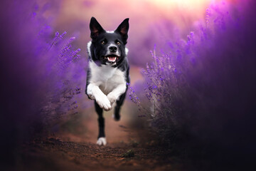 Border collie dogs in the lavender fields