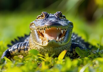Fototapeta premium Close-up View of a Predatory Reptile with Sharp Teeth, Textured Skin, and Intense Eyes Surrounded by Lush Green Vegetation in a Natural Habitat