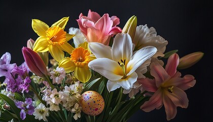 Fototapeta premium A spring floral arrangement featuring lilies, daffodils, and tulips, with a hidden Easter egg among the flowers.