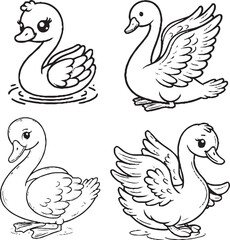 Charming Cartoon Swan Silhouettes - Black and White Avian Illustrations