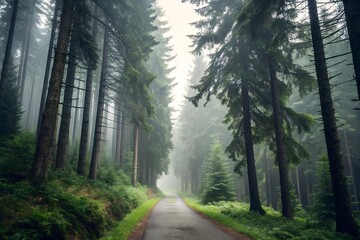 Fototapeta premium Misty Forest Pathway in Early Morning Light