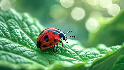 Colorful ladybug perched on a green leaf with a blurred natural background during the daytime