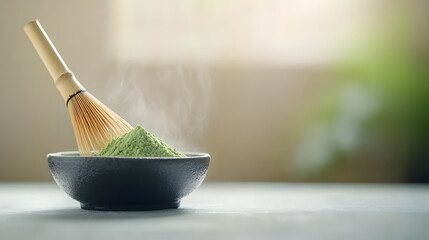 A close-up of finely sifted matcha powder in a small black dish, with a chasen whisk partially covered in green dust. The background fades into a soft neutral tone, allowing the vibrant color of the