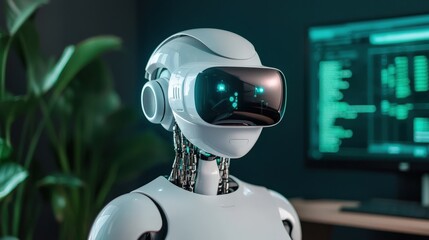 A futuristic robot wearing virtual reality glasses looks forward