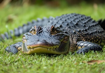 Fototapeta premium Close-Up View of a Relaxed Reptile with Textured Skin Residing on Green Grass in Natural Habitat Captured during Daytime Sunlight