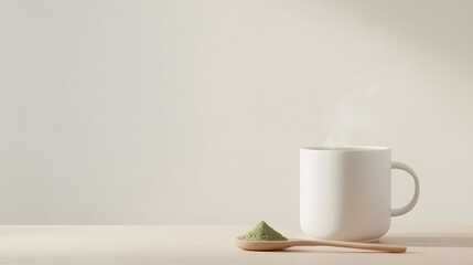 Fototapeta premium A steaming cup of matcha tea in a minimalist white ceramic mug, set on a light wooden surface. A small wooden spoon holds a portion of matcha powder beside it, with a light dusting on the table. Soft
