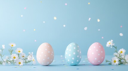 Easter eggs decorated with polka dots and white flowers, placed on a peaceful blue background with colorful confetti floating in the air, perfect for Easter themed greetings, minimalist design.