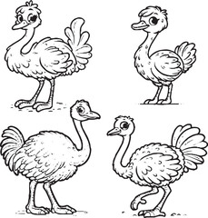 Charming Cartoon Ostrich Silhouettes - Black and White Avian Illustrations