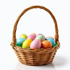 Springtime Magic: Vibrant Easter Eggs in Wicker Basket amidst Green Grass on a Crisp White Background. A basket filled with brightly colored eggs on a white background.