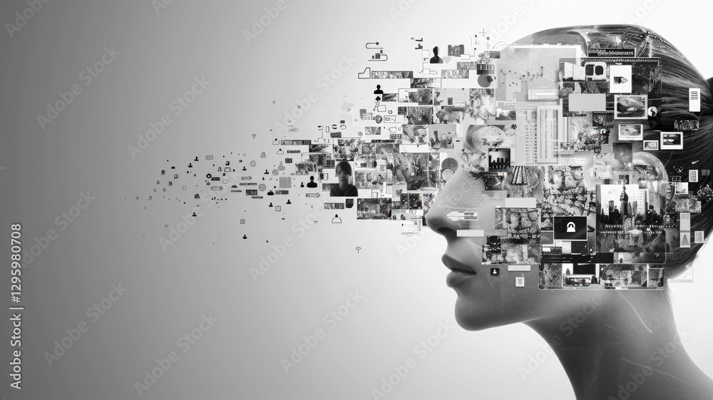 Poster digital face composed of various images and pixels on a white background. abstract human portrait wi