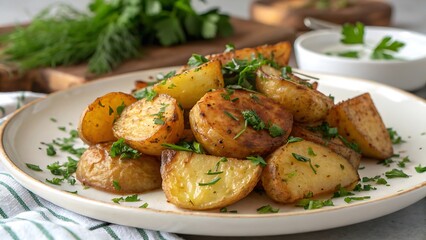 Fototapeta premium Crispy Golden Potatoes Garnished with Fresh Herbs