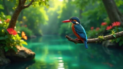 Fototapeta premium Serene Kingfisher Perched on Branch Over Tranquil Green Water, Lush Foliage and Vibrant Blossoms
