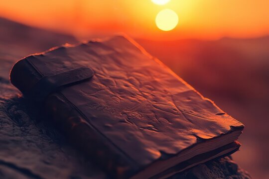 close-up of a weathered leather journal, its pages fluttering in a desert breeze, glowing under a fiery orange sunset, evoking tales of wanderlust and timeless secrets.