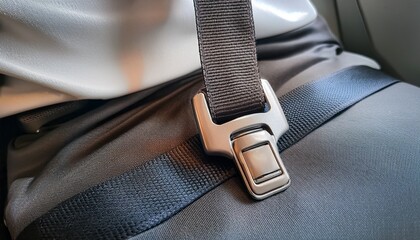 A detailed shot of an airplane seatbelt, focusing on the fine stitching and the metallic buckle, capturing the texture and craftsmanship.