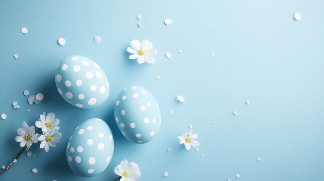 Easter eggs decorated with polka dots and white flowers, placed on a peaceful blue background with colorful confetti floating in the air, perfect for Easter themed greetings, minimalist design.