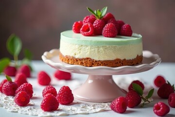 Delicious Mint and Cream Cheese Dessert with Fresh Raspberries on a Pink Cake Stand