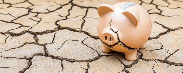 impact effect economic concept. Cracked piggy bank on dry, cracked earth symbolizes financial struggle.