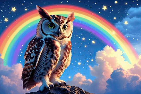 Charming Owl on a Rainbow Under a Twilight Blue Sky with Clouds and Stars