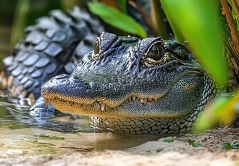 Fototapeta premium Close-up View of a Striking Alligator Head With Detail of Eyes, Scales and Teeth in a Natural Outdoor Habitat Surrounded by Greenery and Water