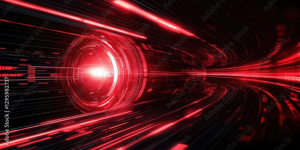Poster abstract digital tunnel with vibrant red lights and dynamic lines, creating a sense of speed and mot