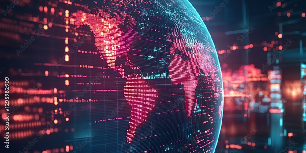 Poster digital representation of a world map with vibrant neon colors and data visualization elements at ni