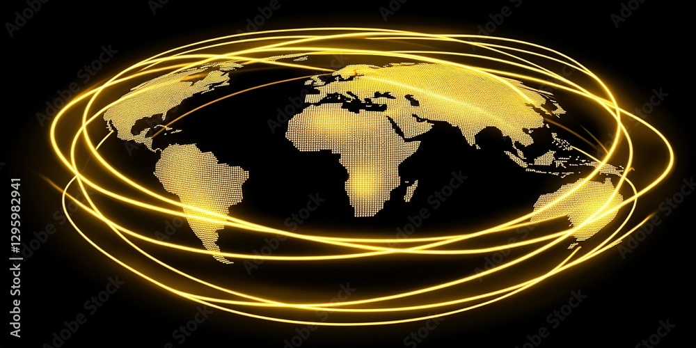 Poster global digital network connecting continents through illuminated paths of information and technology