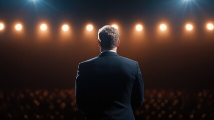 Fototapeta premium performer stands confidently on stage, illuminated by dramatic l