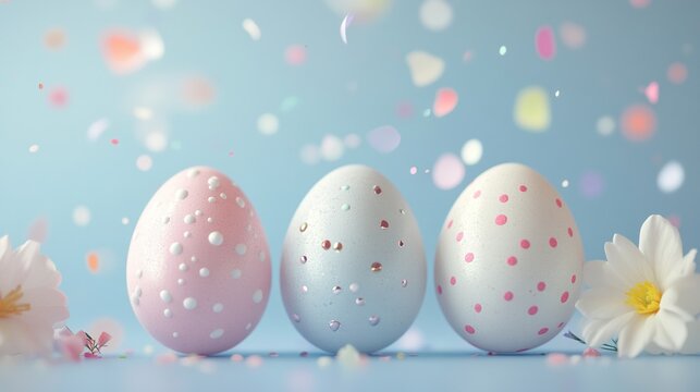Three pink and white Easter eggs are decorated on a light blue background, with shiny confetti, delicate flowers, and a soft defocusing effect, showcasing holiday decorations and elegant products.