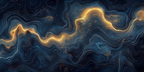 Abstract artwork featuring swirling patterns and glowing lines in dark blue and gold tones