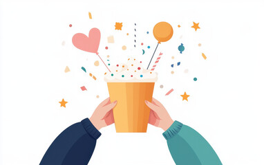 Celebration with hands holding festive cup filled with confetti and balloons, symbolizing joy and togetherness